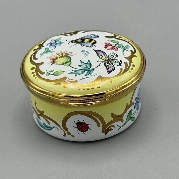 Vtg Round Porcelain Hinged Trinket Box Signed Butterflies Ladybug Flowers Gilt - Picture 6 of 11